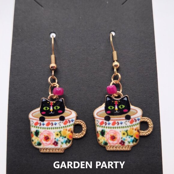 Sweet Hearts White Cat in Pink Heart Teacup Earrings – Handmade Dangles - Picture 14 of 16